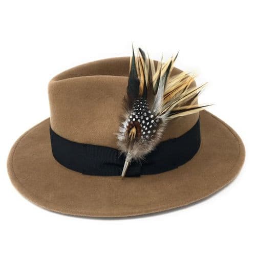 Camel Fedora Hat with Country Feather Brooch - Burford