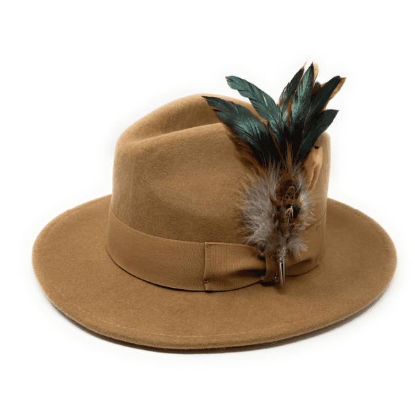 Camel Wool Fedora Hat with Country Feather Brooch - Foxcote