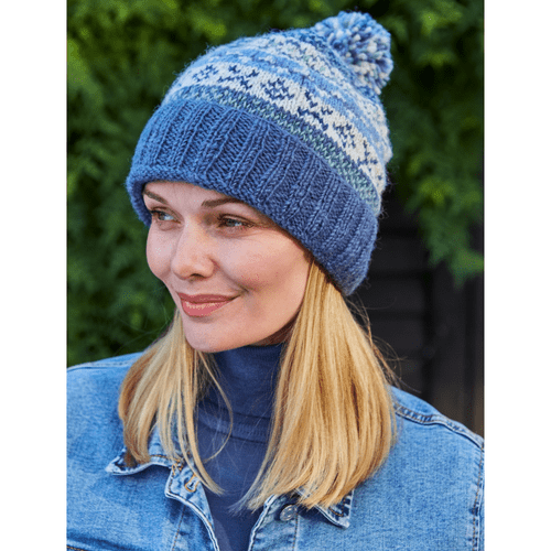 Classic Fairisle Roll Back Bobble Beanie Denim