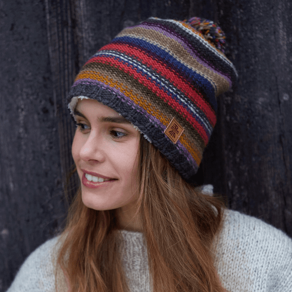 Cochabamba Wool Bobble Beanie Hat - Fully lined - Multi Stripes