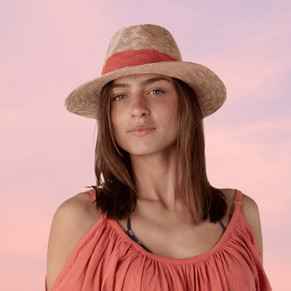 Cotton Straw Summer Wide Brimmed Fedora Hat Barts Ponui Natural Pink