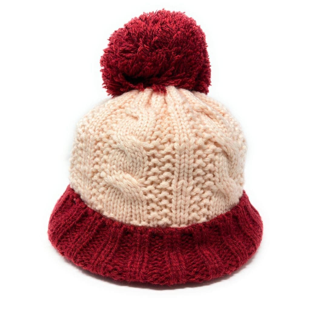 Cream and Burgundy Wool Cable Knit Bobble Hat