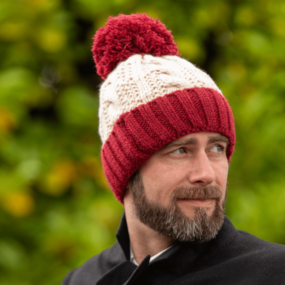 Cream and Burgundy Wool Cable Knit Bobble Hat
