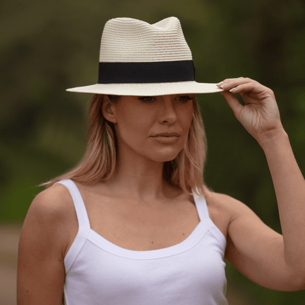 Cream Straw Summer Fedora Hat  with Black Band Packable