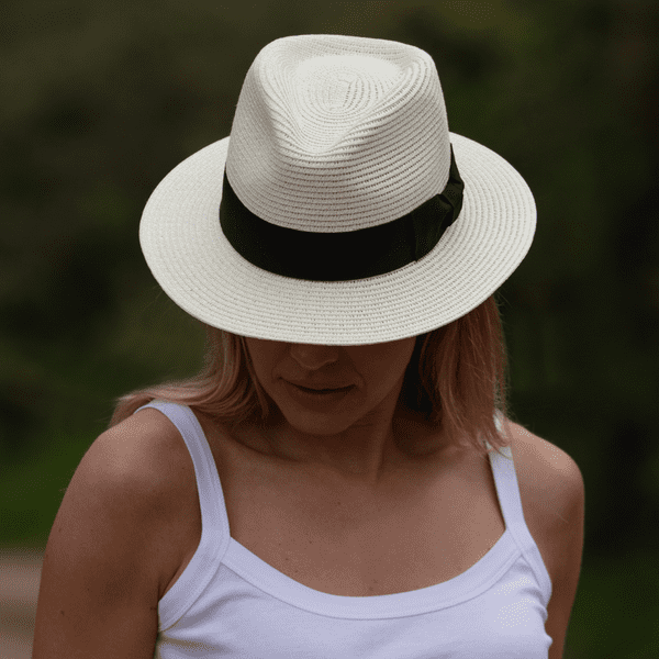 Cream Straw Summer Fedora Hat  with Black Band Packable