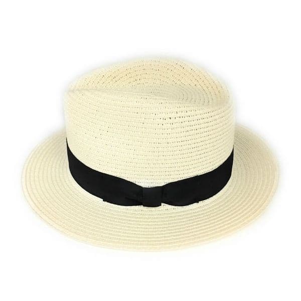 Cream Straw Summer Fedora Hat  with Black Band Packable