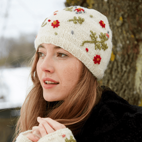 Cream with Embroidered Flowers Wool Beanie Hat - Lugano