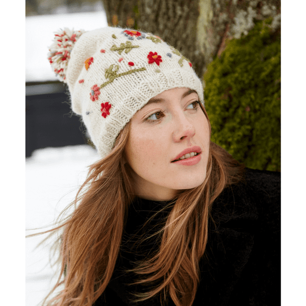 Cream with Embroidered Flowers Wool Bobble Beanie Hat - Lugano