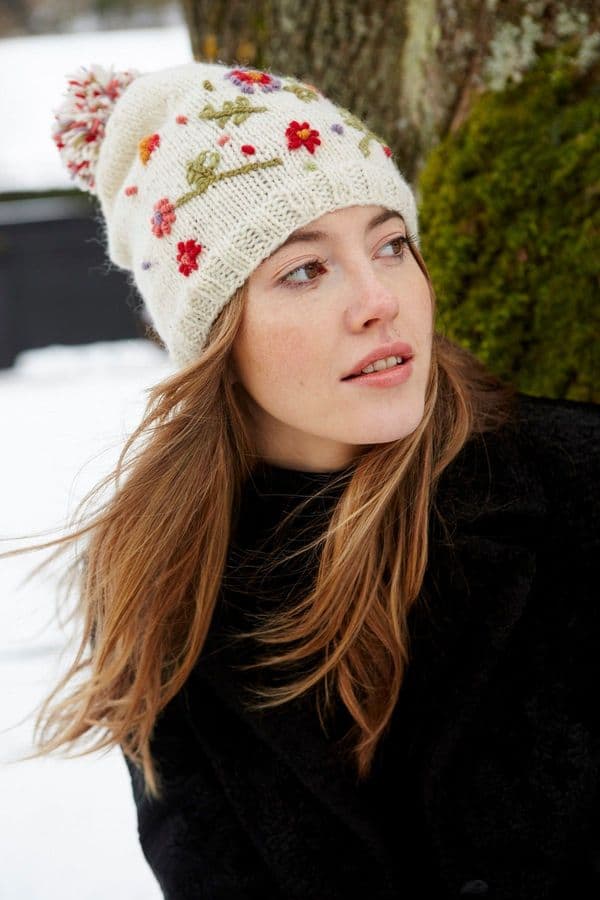Cream with Embroidered Flowers Wool Bobble Beanie Hat - Lugano