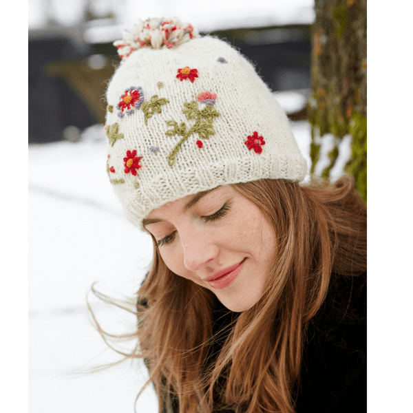 Cream with Embroidered Flowers Wool Bobble Beanie Hat - Lugano