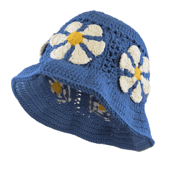 Crochet Cotton Sun Bucket Hat - Daisies Blue