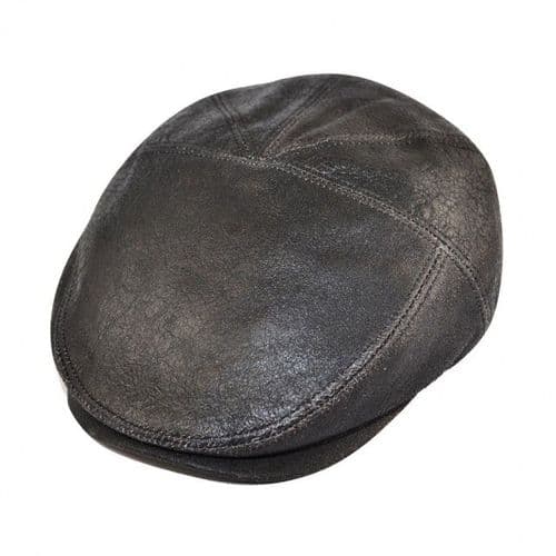 Distressed Leather 5 Panel Flat Cap - Black