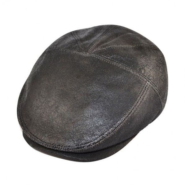 Distressed Leather 5 Panel Flat Cap - Black