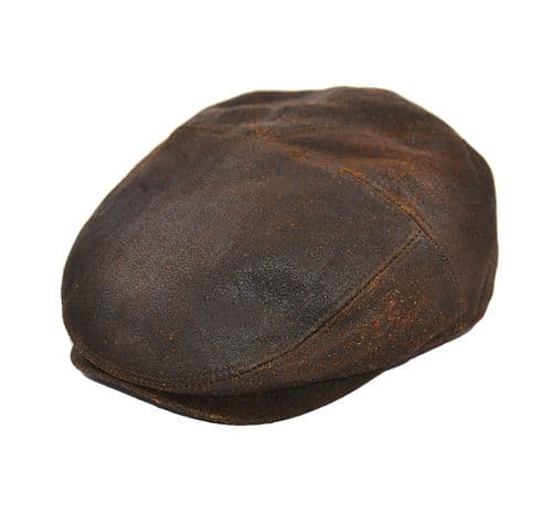 Distressed Leather 5 Panel Flat Cap - Brown