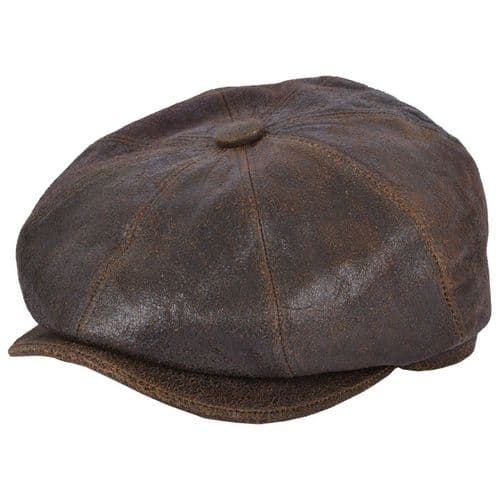 Distressed Leather Bakerboy Newsboy Cap - 8 piece - Brown