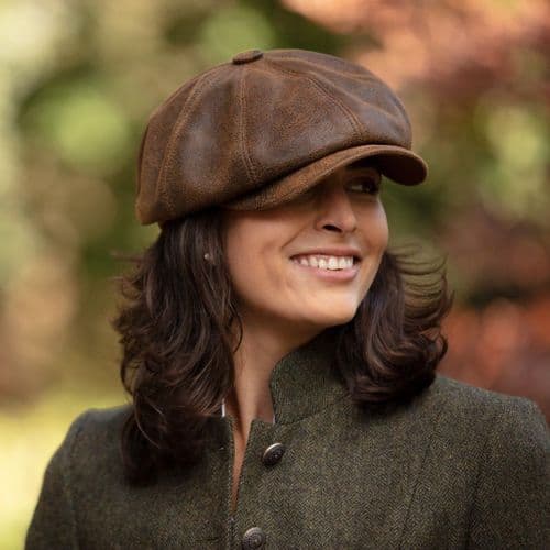 Distressed Leather Bakerboy Newsboy Cap