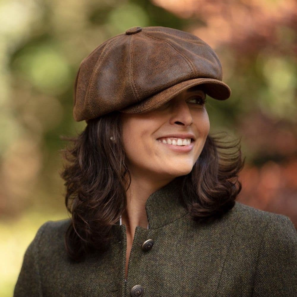 Distressed Leather Bakerboy Newsboy Cap