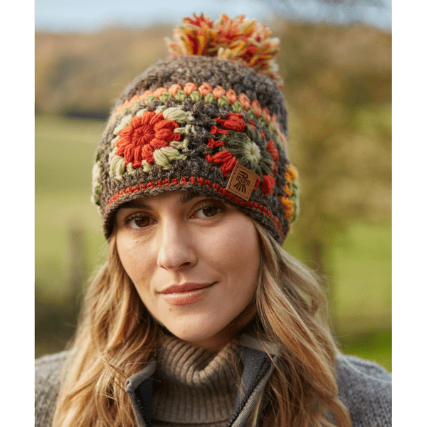 Earth Tone Crochet Wool Bobble Beanie Hat - Woodstock