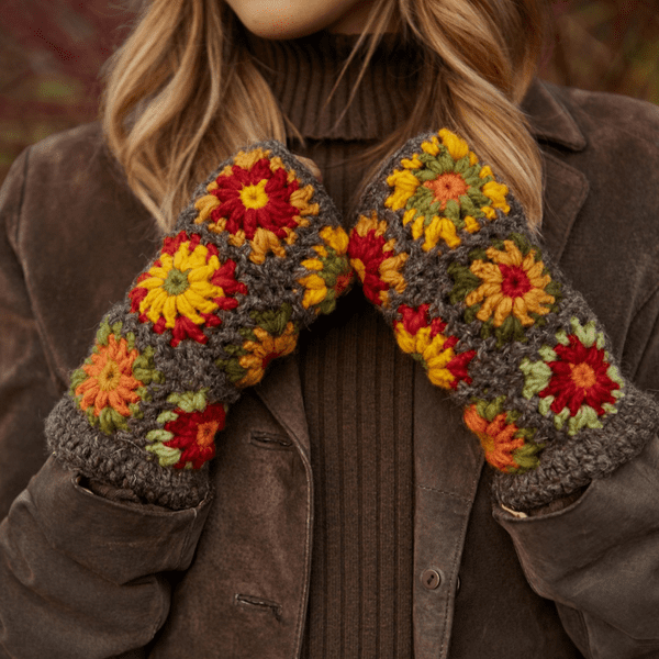 Earth Tone Crochet Wool Fingerless Handwarmers - Woodstock