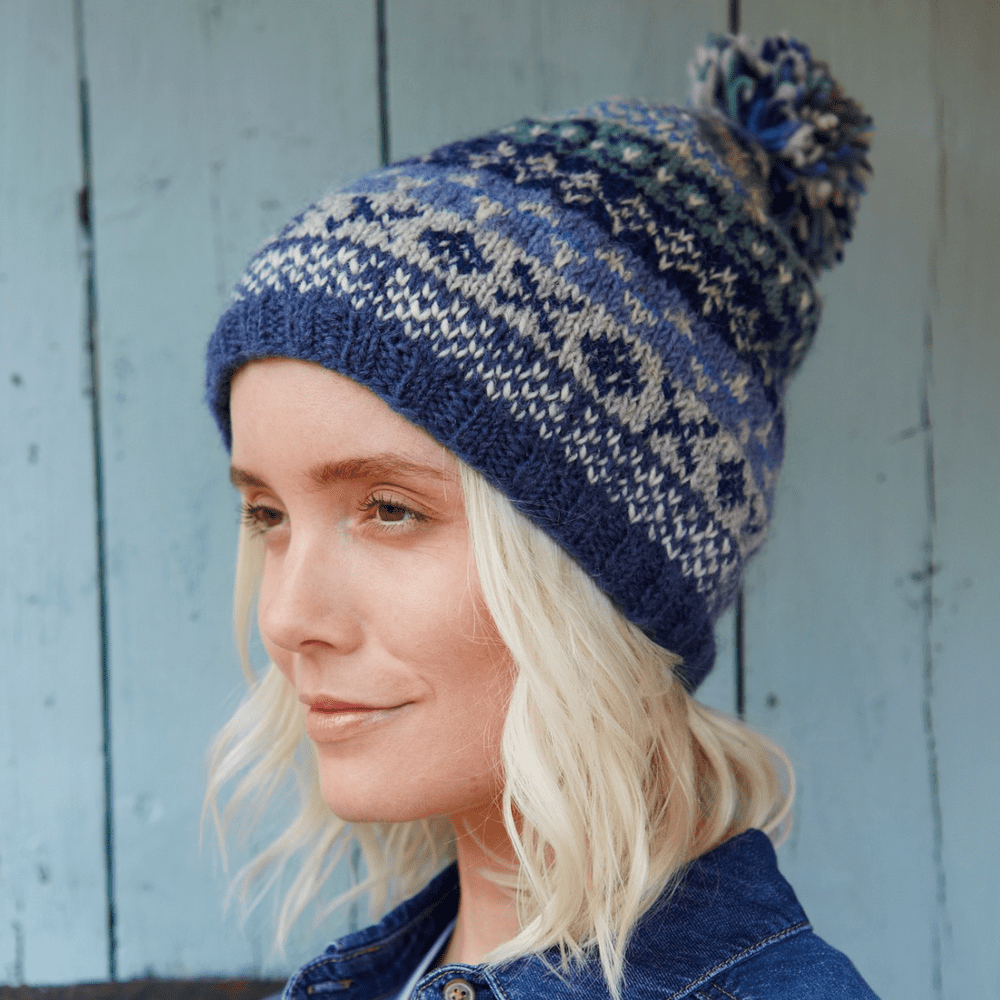 Fair Isle Navy Bobble Beanie Hat
