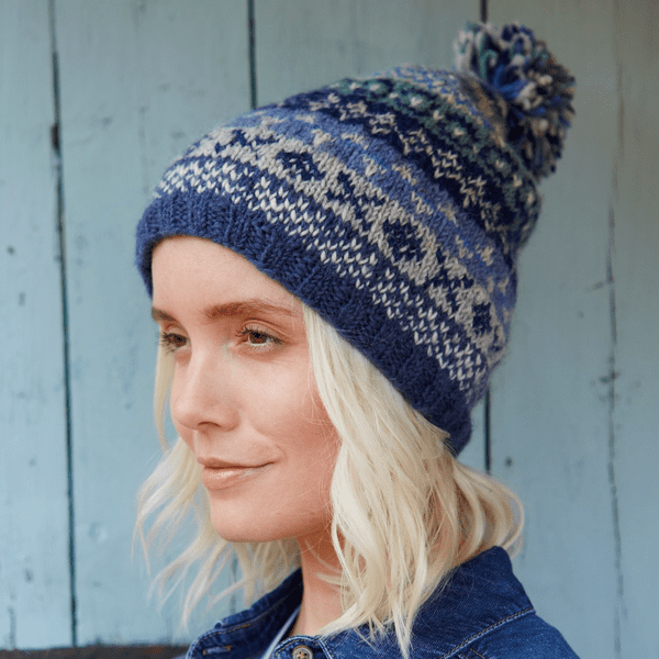 Fair Isle Navy Bobble Beanie Hat