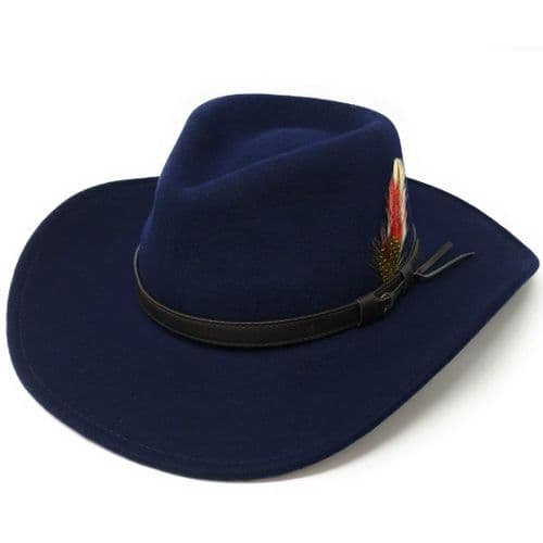 Fedora Cowboy Hat Crushable Safari with Removable Feather - Navy Blue