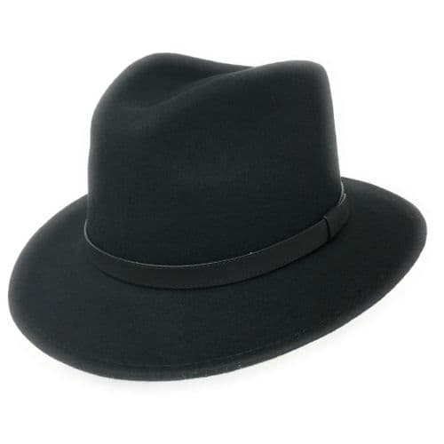 Fedora Hat Crushable Wool Felt with leather band - Black - Haydock