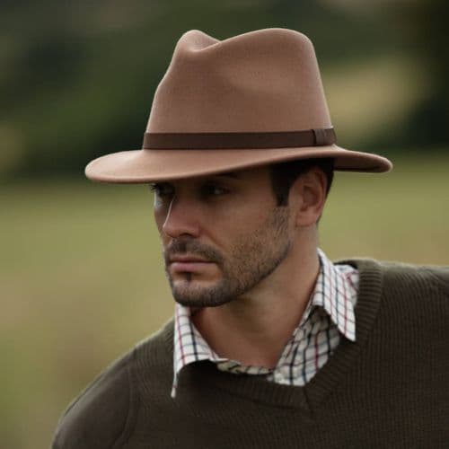 Fedora Hat Crushable Wool Felt with leather band - Camel - Haydock