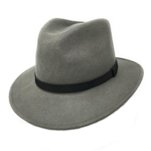 Fedora Hat Crushable Wool Felt with leather band - Grey - Haydock