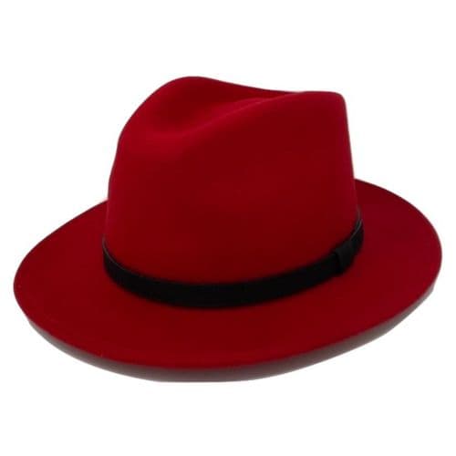 Fedora Hat Crushable Wool Felt with leather band - Red - Haydock