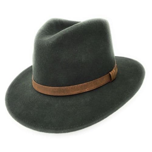 Fedora Hat Crushable Wool Felt with Leather Belt Trim - Dark Green - Haydock