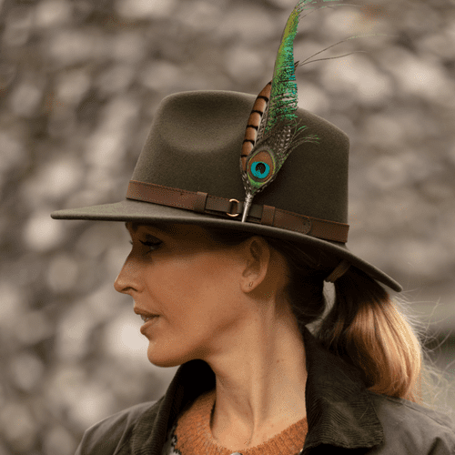 Fedora Hat, Showerproof, Wool with Peacock Feather Brooch - Sherborne