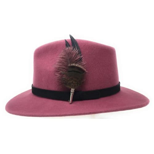 Fedora Hat with Leather Band and Country Feather Brooch - Dusky Pink - Daylesford