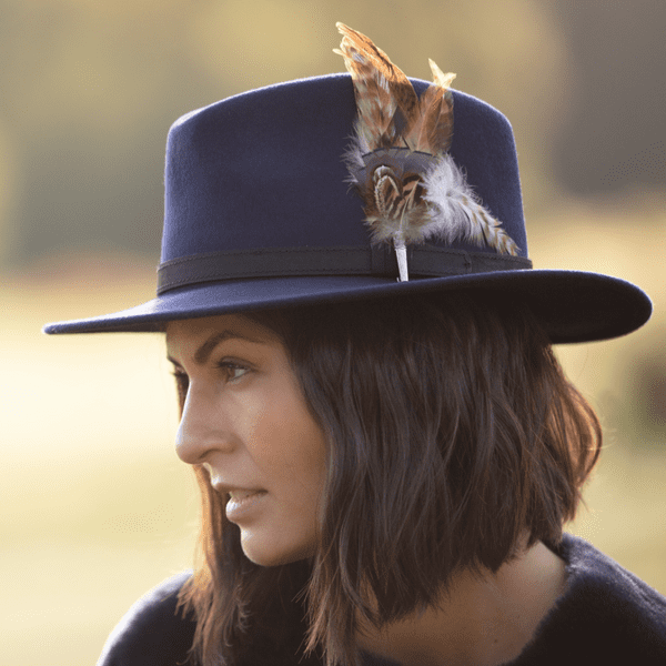 Fedora Hat with Leather Belt Trim and Country Feather Brooch - Wool - Naunton