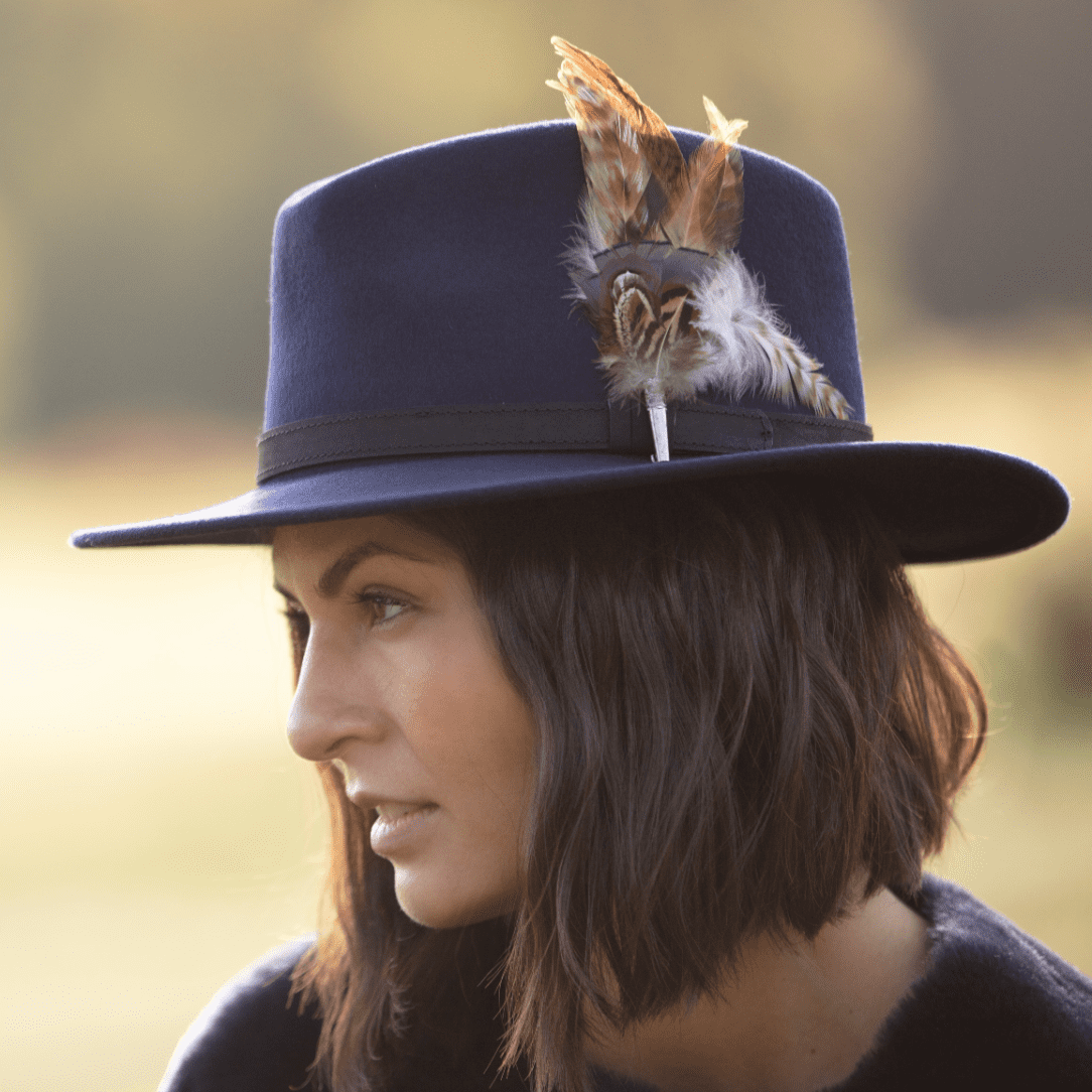 Fedora Hat with Leather Belt Trim and Country Feather Brooch  display picture 1