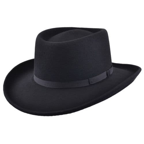 Gambler Cowboy Hat Black Wool Felt with Ribbon Trim