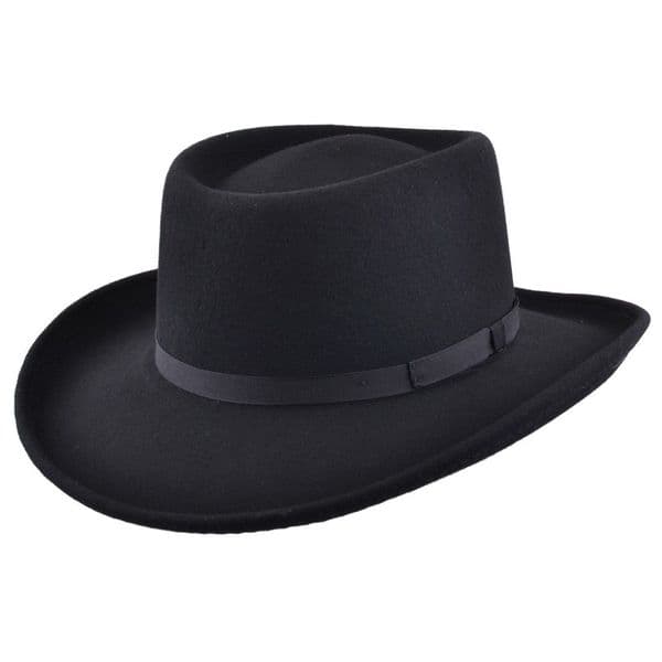 Gambler Cowboy Hat Black Wool Felt with Ribbon Trim