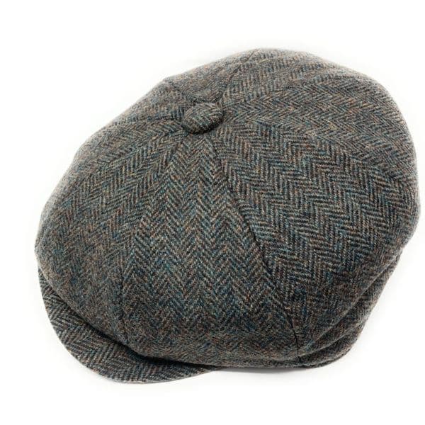 Green and Grey Herringbone Tweed Bakerboy Newsboy Cap