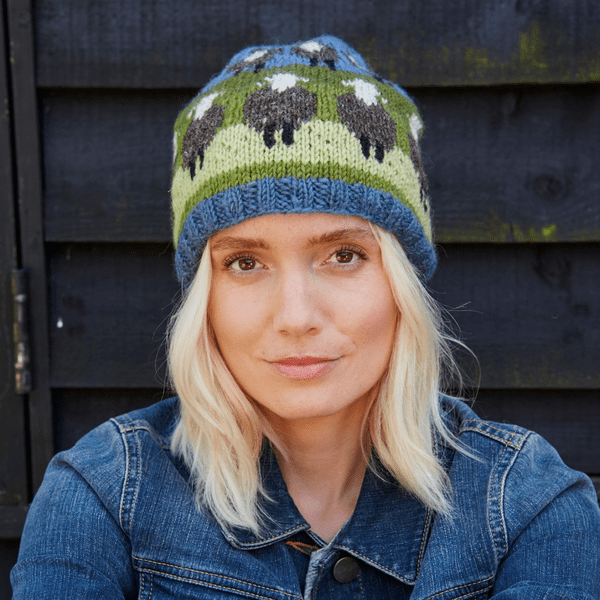 Green Blue Wool Beanie - Flock of Herdwick Sheep