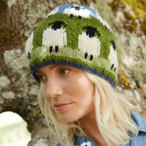 Green Blue Wool Beanie - Flock of Sheep