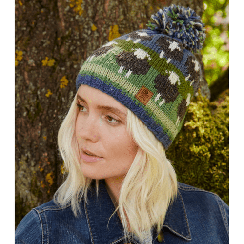 Green Blue Wool Bobble Hat - Flock of Herdwick Sheep