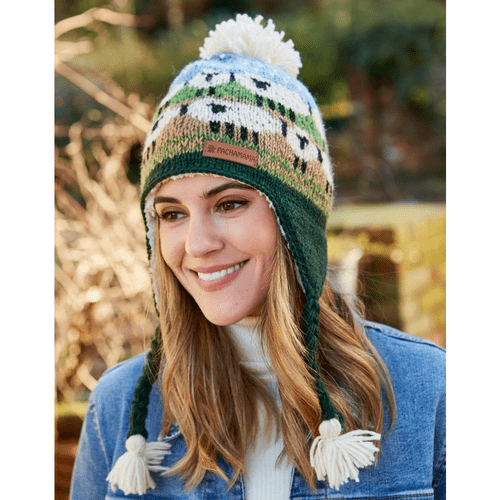 Green Blue Wool Chullo - Snowy Sheep
