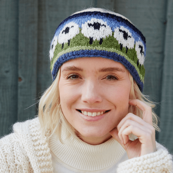Green Blue Wool Headband - Flock of Sheep