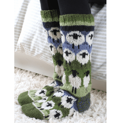 Green Blue Wool Long Socks - Flock of Sheep