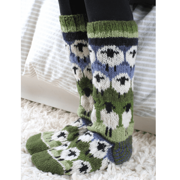 Green Blue Wool Long Socks - Flock of Sheep