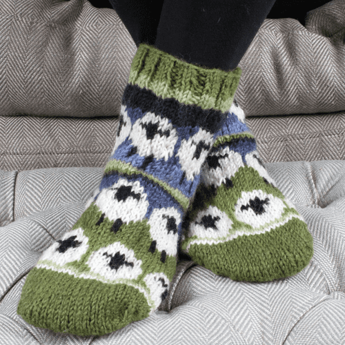 Green Blue Wool Sofa Socks - Flock of Sheep