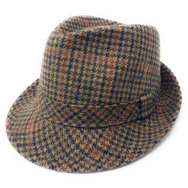 Green/Brown Houndstooth Tweed Trilby Hat - Winstone