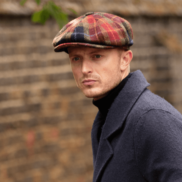 Green, Burgundy & Black Check Tartan Harris Tweed Wool Bakerboy Newsboy Cap