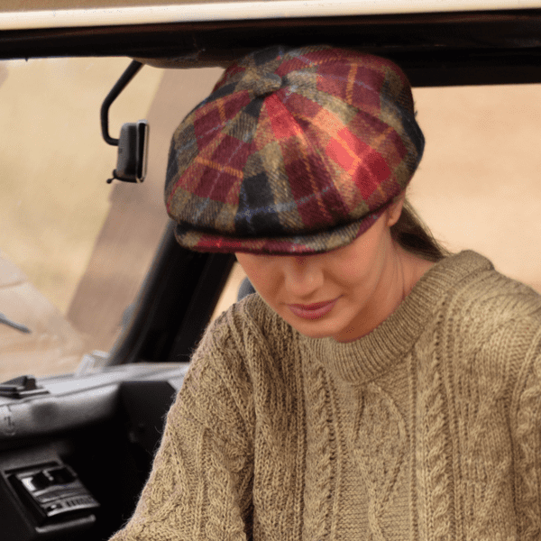 Green, Burgundy & Black Check Tartan Harris Tweed Wool Bakerboy Newsboy Cap