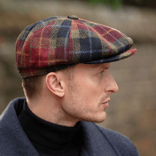 Green, Burgundy & Black Check Tartan Harris Tweed Wool Bakerboy Newsboy Cap